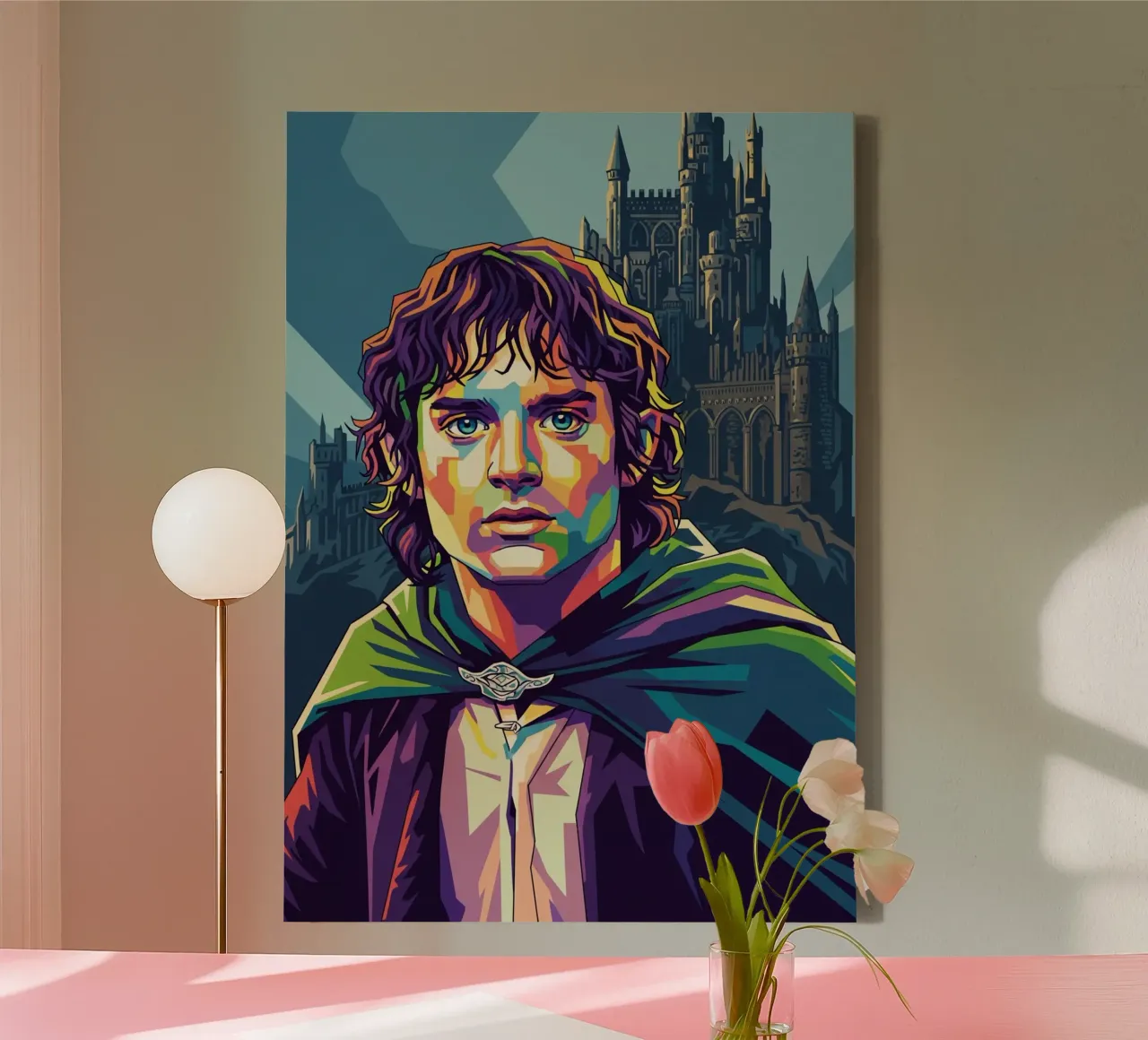 Der Herr der Ringe - Elijah Wood Pop-Art-Porträt Leinwand mit Schattenfugenrahmen von Hantamrata