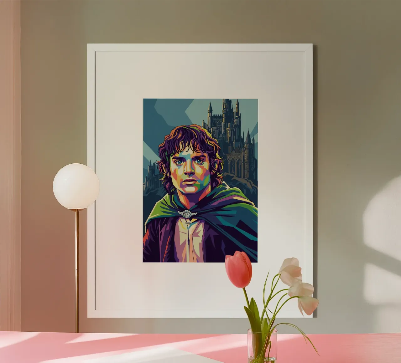 Il Signore degli Anelli - Ritratto pop art di Elijah Wood poster con telaio in legno da Hantamrata