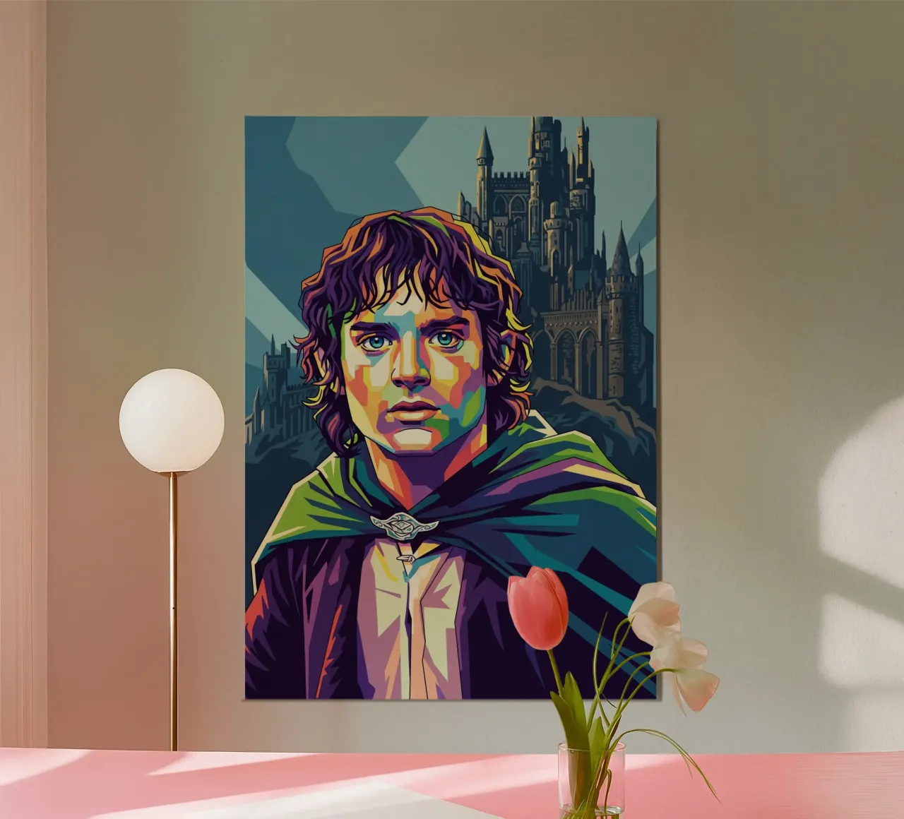 Il Signore degli Anelli - Ritratto pop art di Elijah Wood poster con telaio in legno da Hantamrata