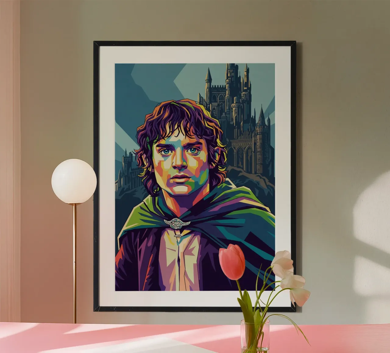 Il Signore degli Anelli - Ritratto pop art di Elijah Wood poster con telaio in legno da Hantamrata