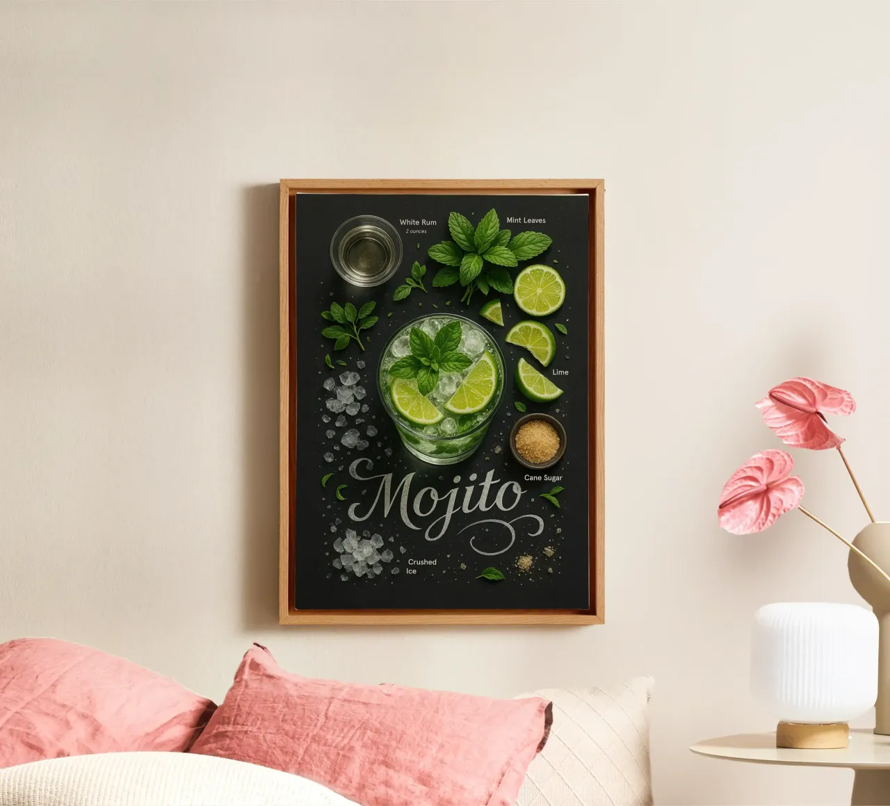 Poster per cocktail Mojito - Rum, lime e menta tela con Cornice a cassetta da mesa