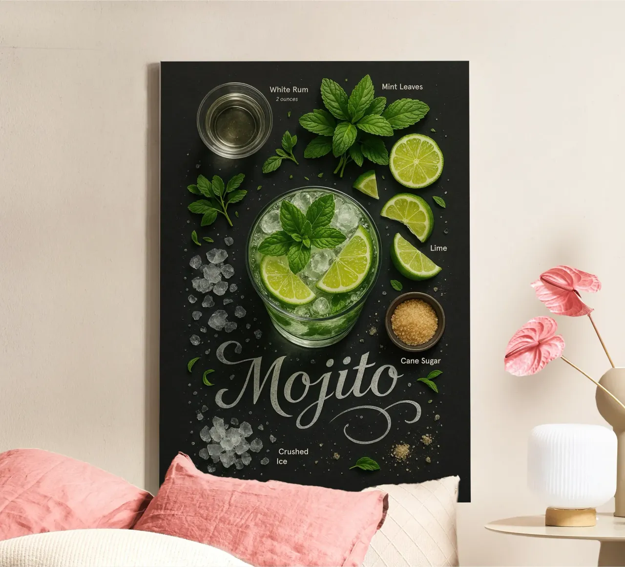 Poster per cocktail Mojito - Rum, lime e menta tela con Cornice a cassetta da mesa