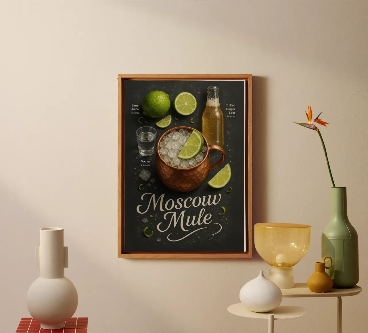 Poster Moscow Mule - Vodka, lime e tazza di rame tela con Cornice a cassetta da mesa