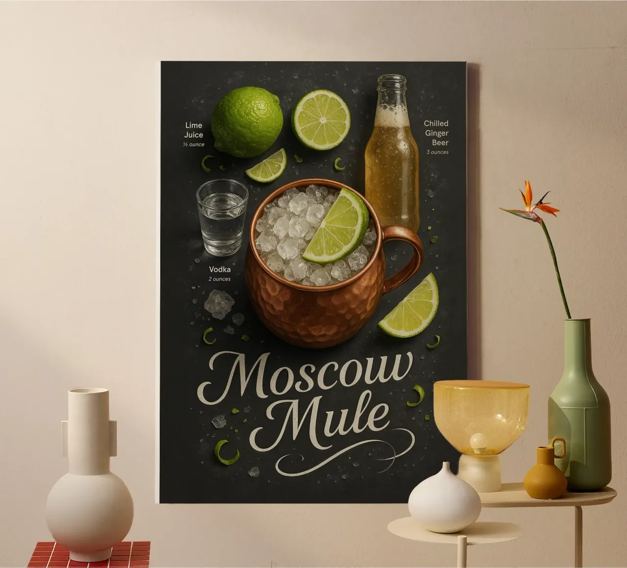 Poster Moscow Mule - Vodka, lime e tazza di rame tela con Cornice a cassetta da mesa