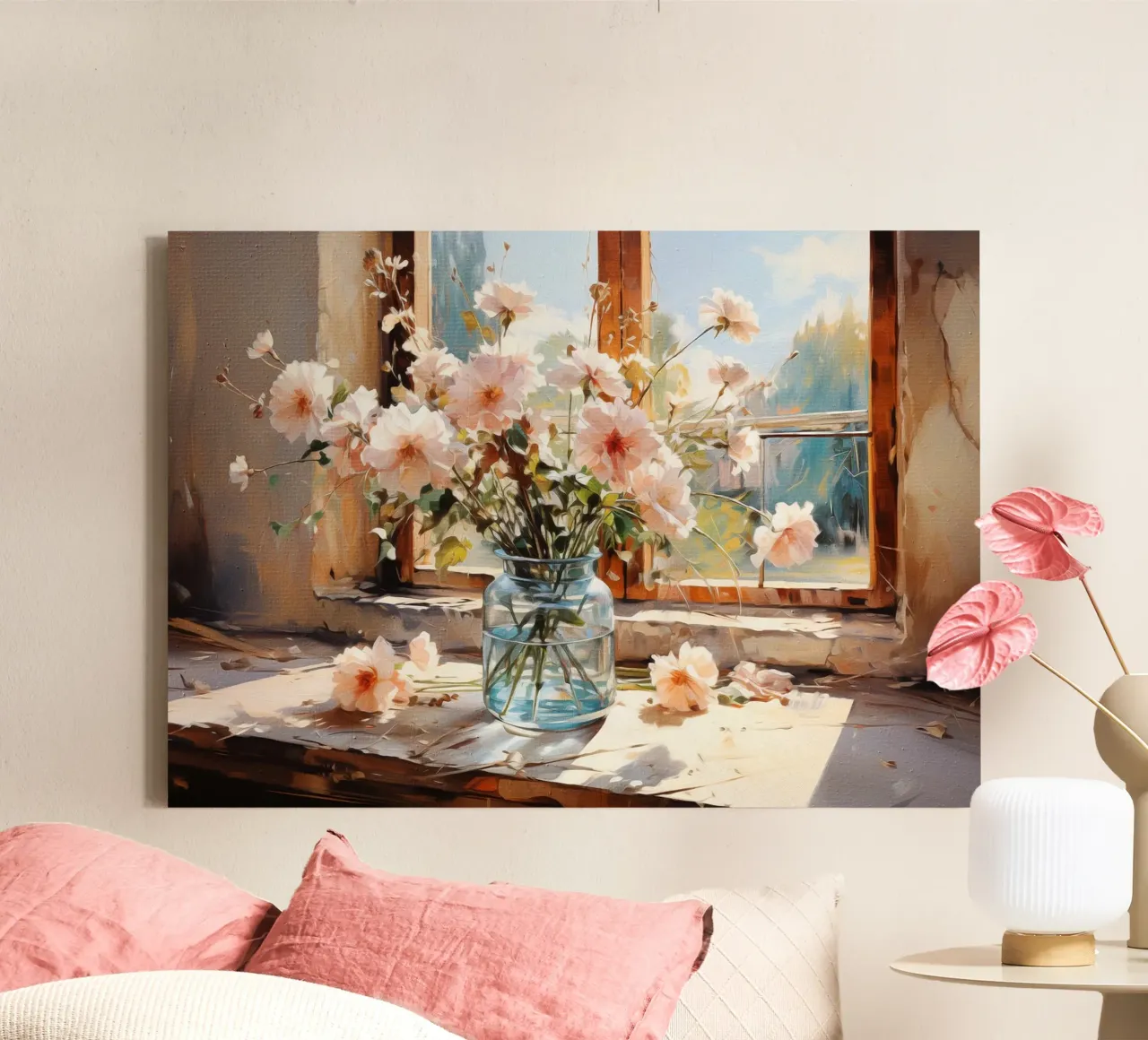 Flowers by the Window tela con Cornice a cassetta da Artsy Bessy