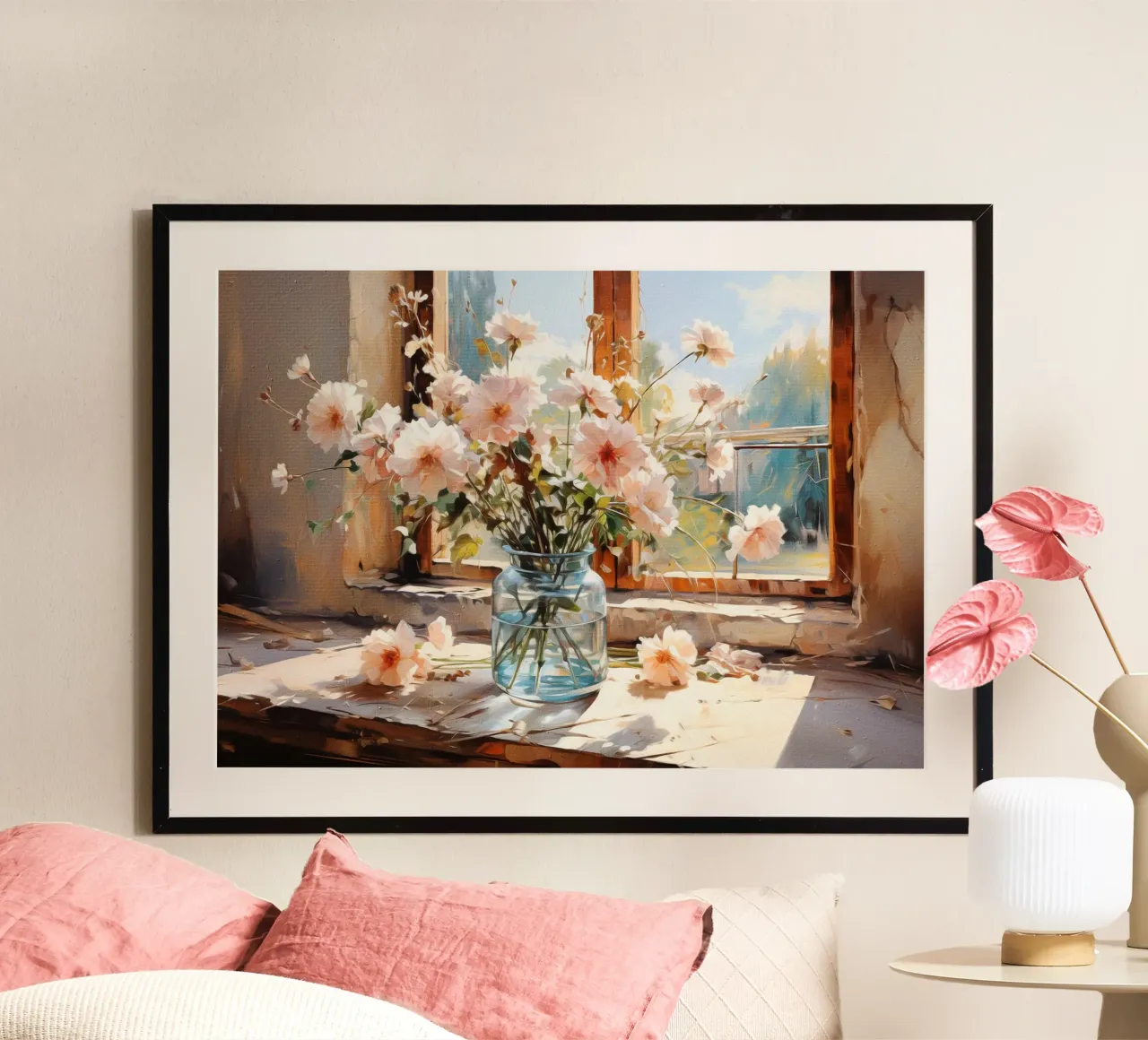 Flowers by the Window poster con telaio in plastica da Artsy Bessy