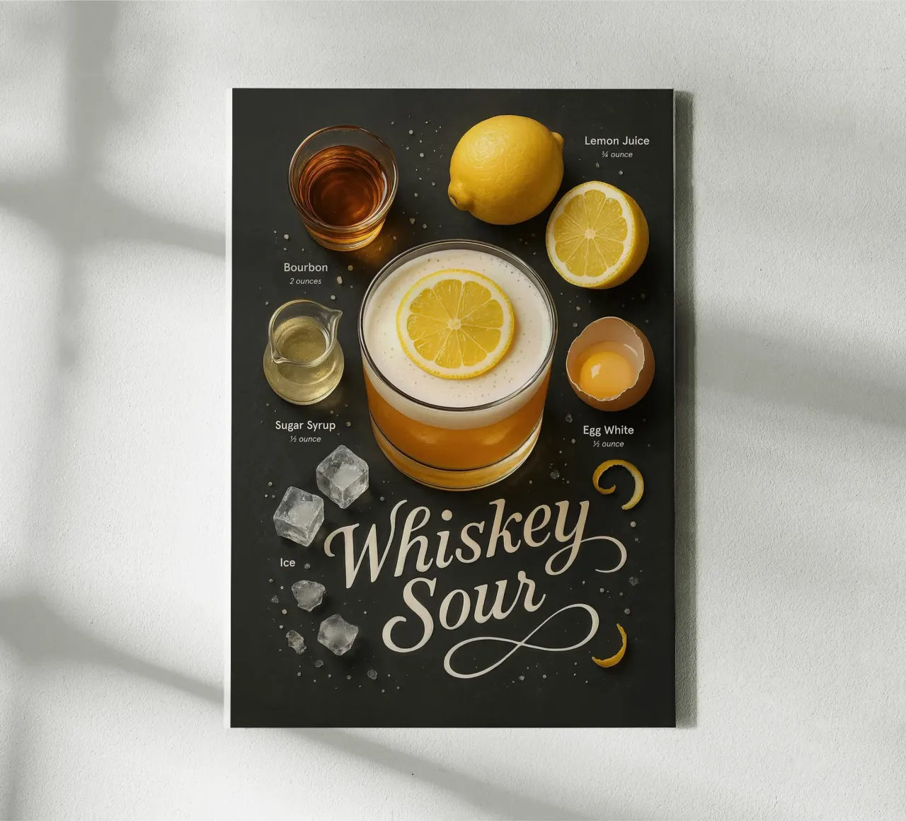 Cartel de cóctel Whiskey Sour - Bourbon y limón lienzo con Marco flotante de mesa