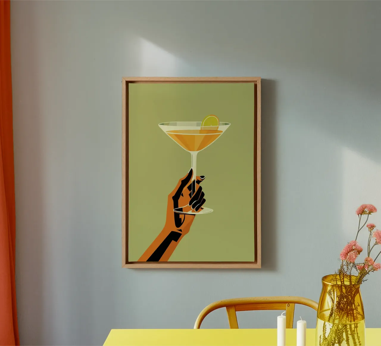 Un bicchiere di cocktail tela con Cornice a cassetta da mesa