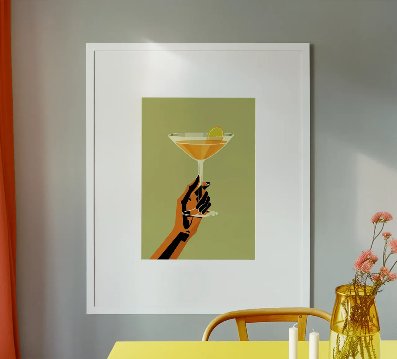 Un bicchiere di cocktail poster con telaio in alluminio da mesa