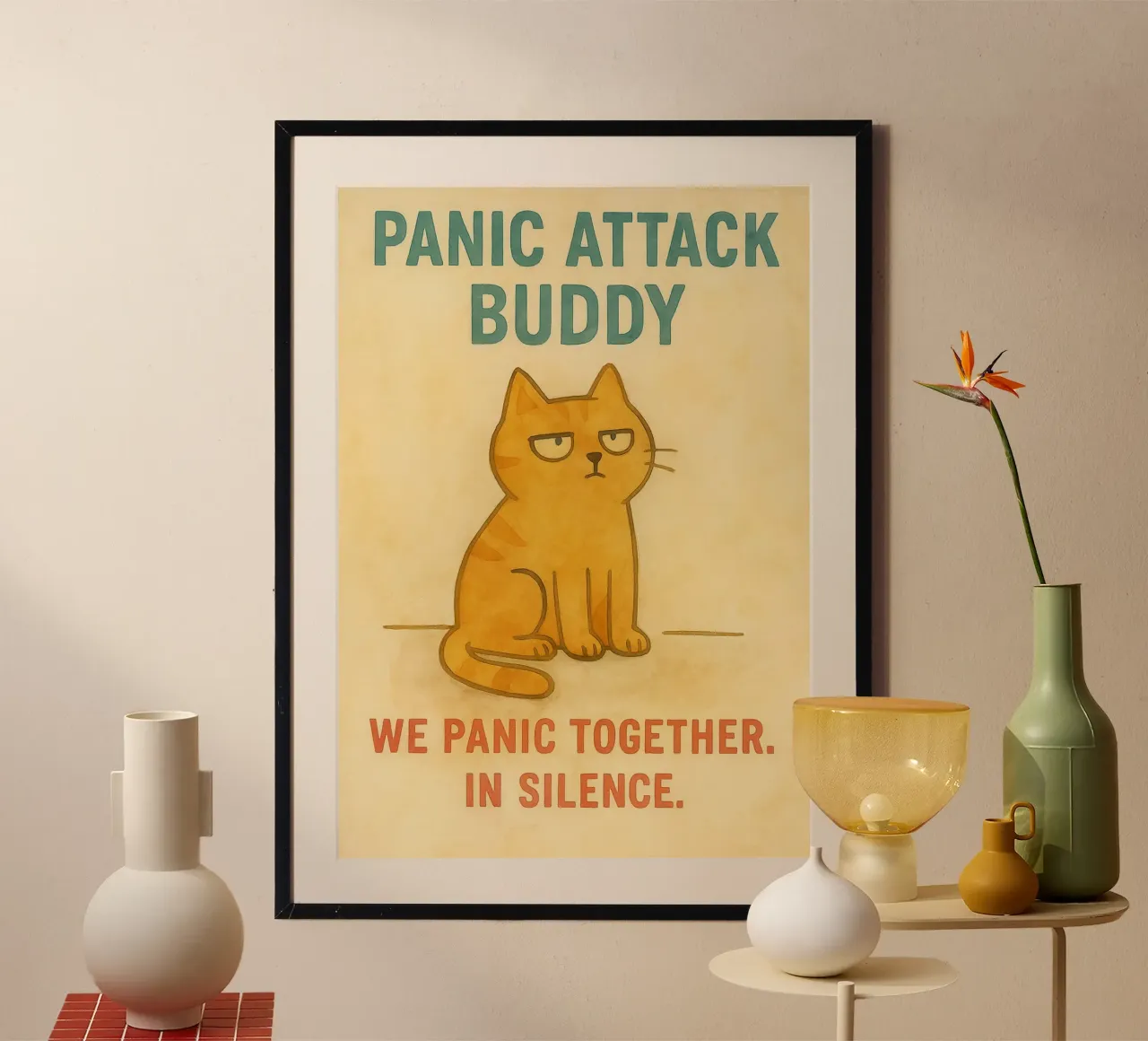 ci facciamo prendere dal panico insieme in silenzio buffo gatto poster con telaio in alluminio da cepeducks
