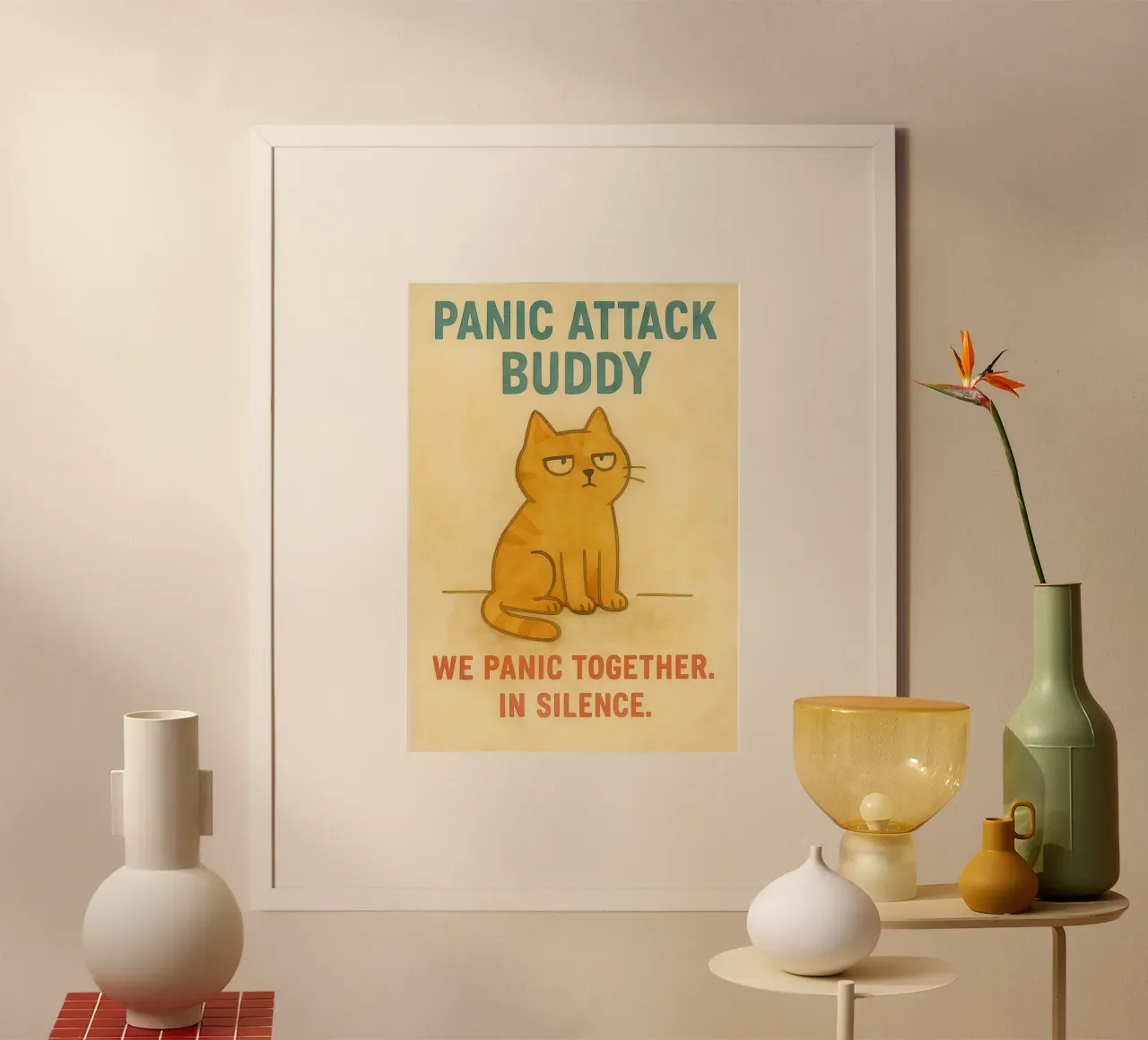 ci facciamo prendere dal panico insieme in silenzio buffo gatto poster con telaio in alluminio da cepeducks