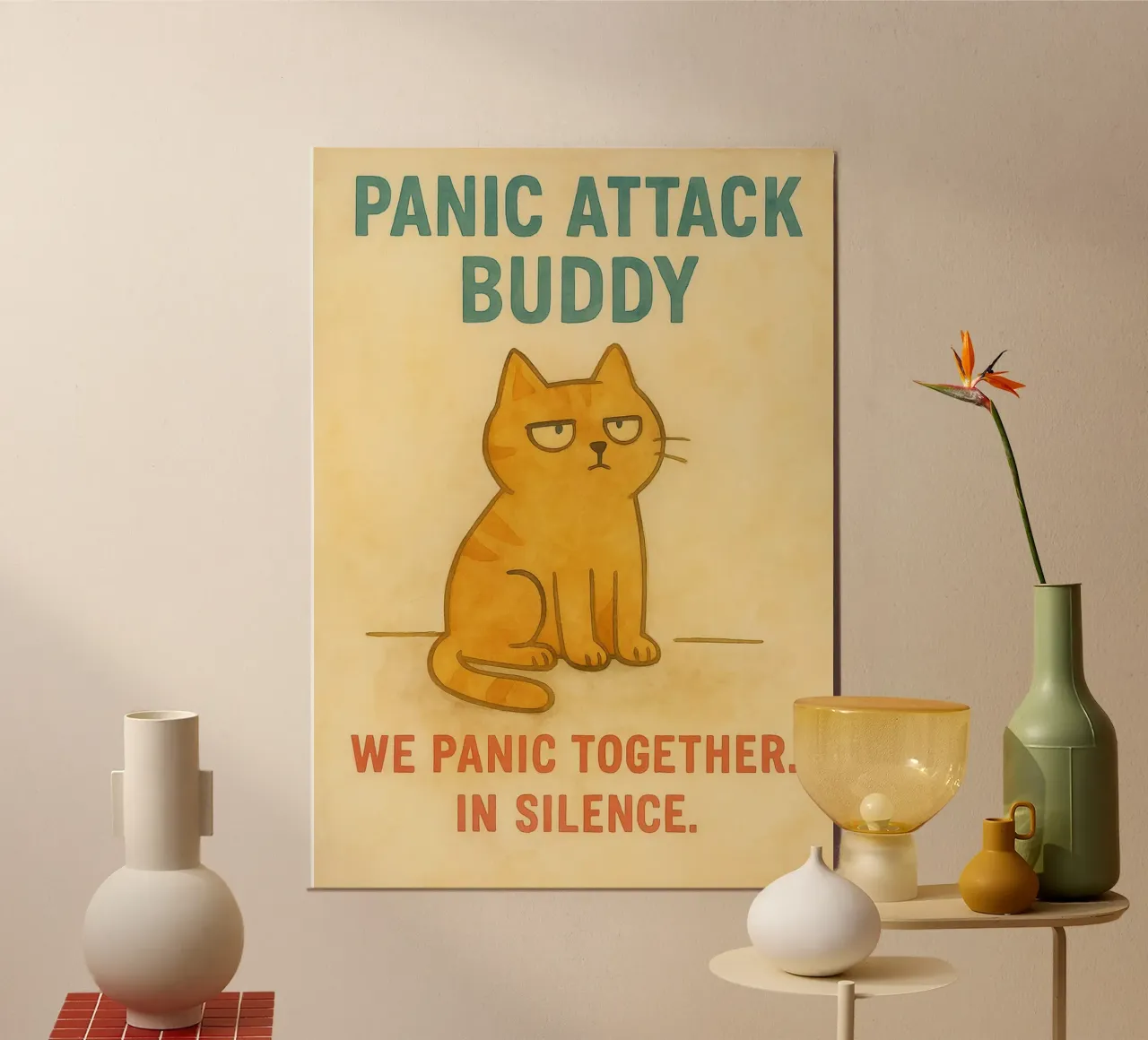 ci facciamo prendere dal panico insieme in silenzio buffo gatto poster con telaio in alluminio da cepeducks