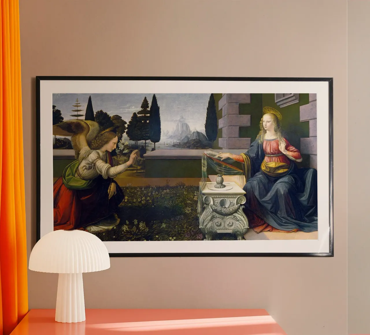 Annunciation by Leonardo da Vinci poster con telaio in plastica da James McIntosh
