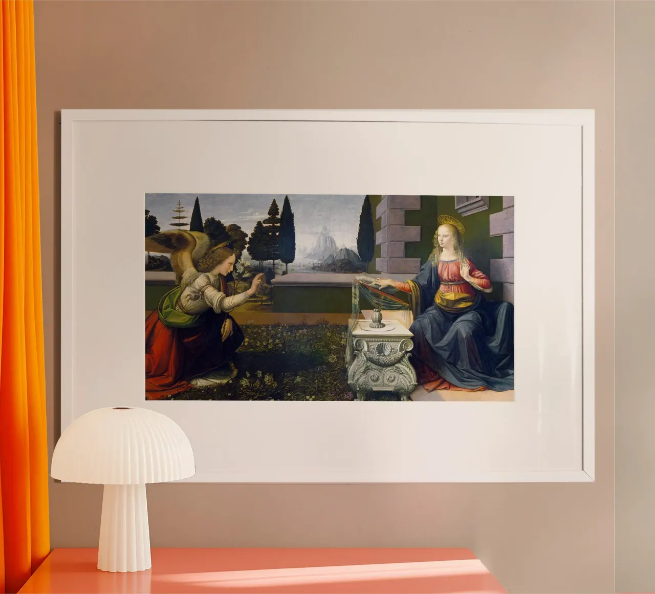 Annunciation by Leonardo da Vinci poster con telaio in plastica da James McIntosh