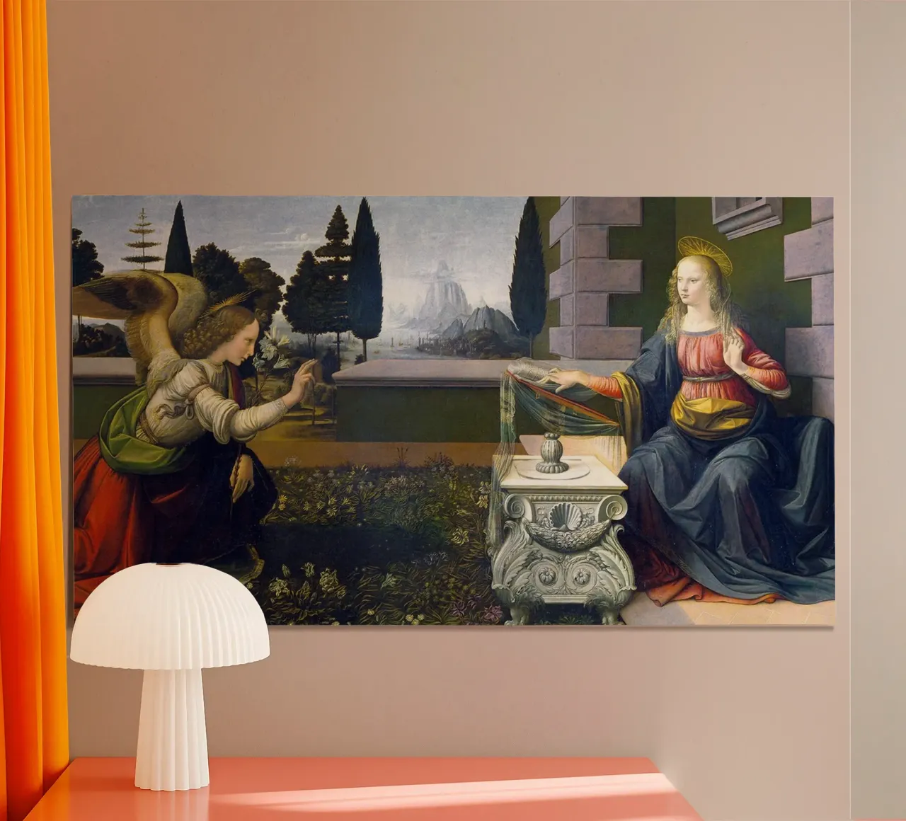 Annunciation by Leonardo da Vinci poster con telaio in plastica da James McIntosh