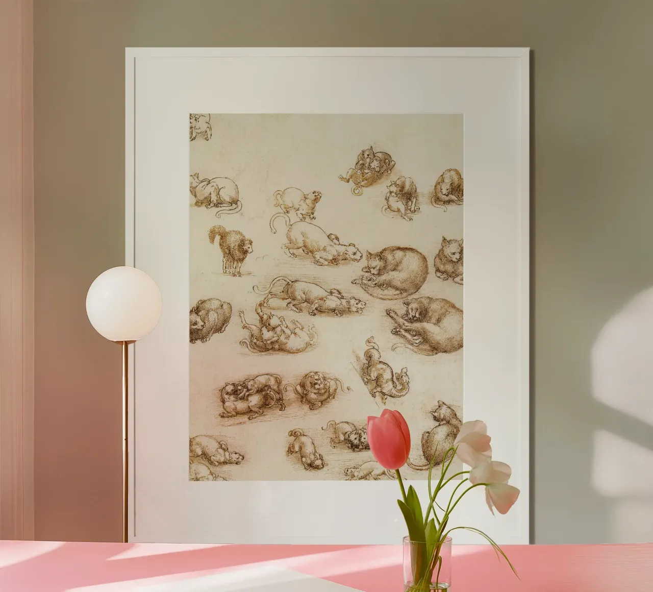 Studio di un cane e di un gatto di Leonardo da Vinci poster con telaio in legno da James McIntosh