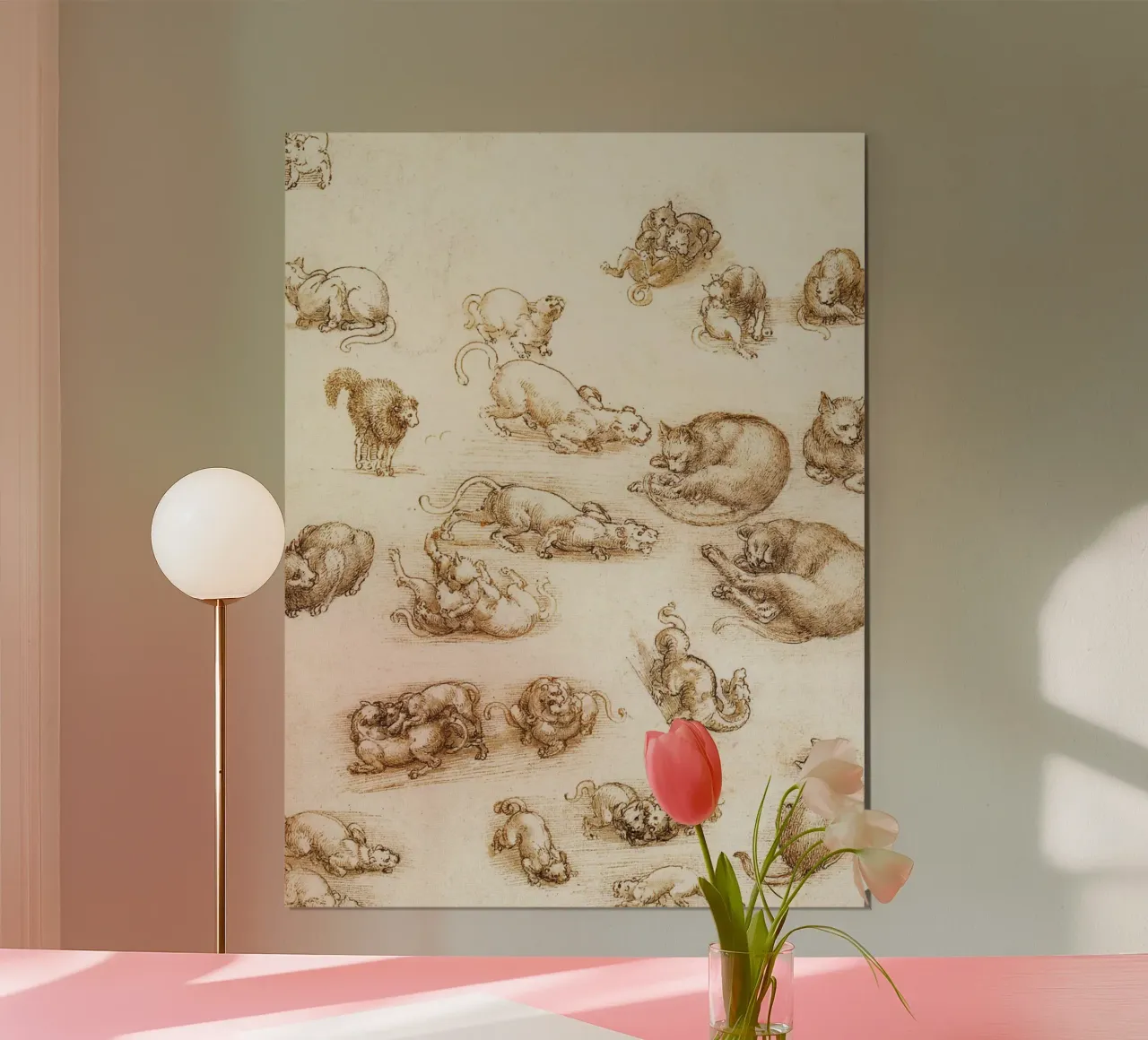Studio di un cane e di un gatto di Leonardo da Vinci poster con telaio in legno da James McIntosh