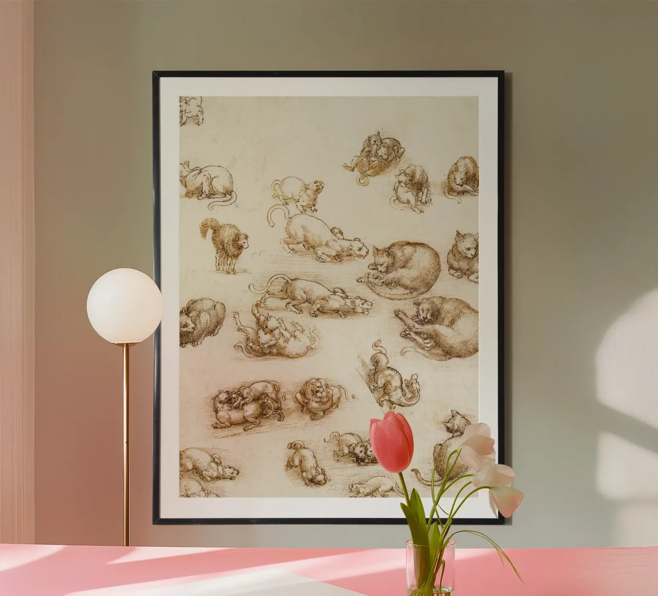 Studio di un cane e di un gatto di Leonardo da Vinci poster con telaio in legno da James McIntosh
