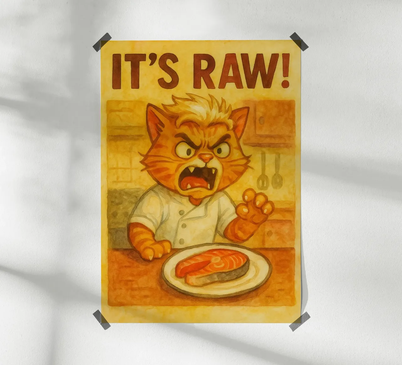 divertente gatto cheft arrabbiato il suo crudo poster da tanabaroo