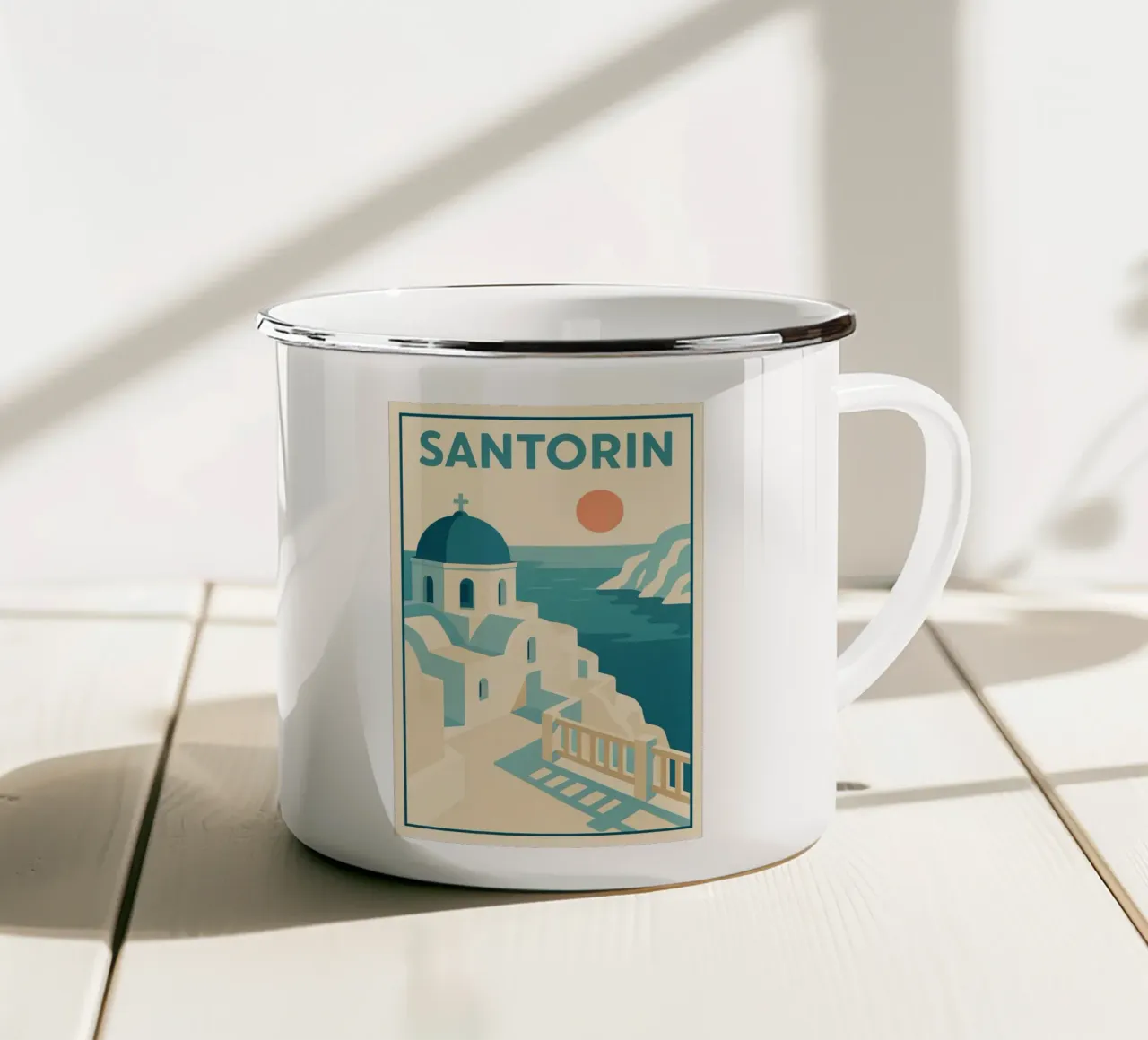 Poster d'epoca di Santorini - Fuga al tramonto tazza in smalto da JETLAG | affiches voyage