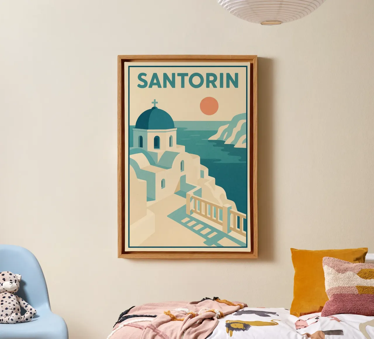 Poster d'epoca di Santorini - Fuga al tramonto tela con Cornice a cassetta da JETLAG | affiches voyage