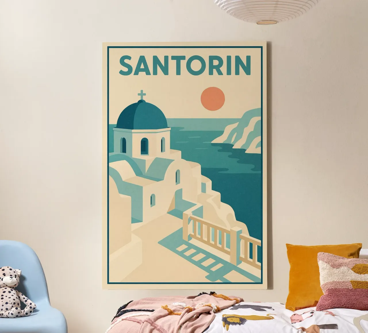 Poster d'epoca di Santorini - Fuga al tramonto tela con Cornice a cassetta da JETLAG | affiches voyage