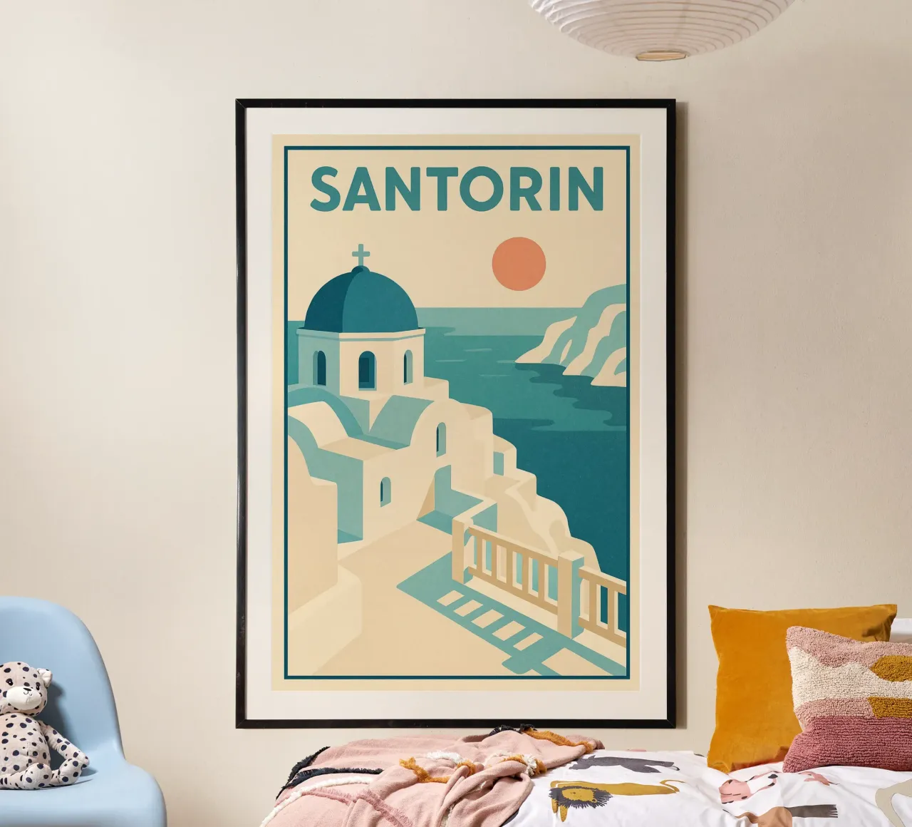 Poster d'epoca di Santorini - Fuga al tramonto poster con telaio in alluminio da JETLAG | affiches voyage