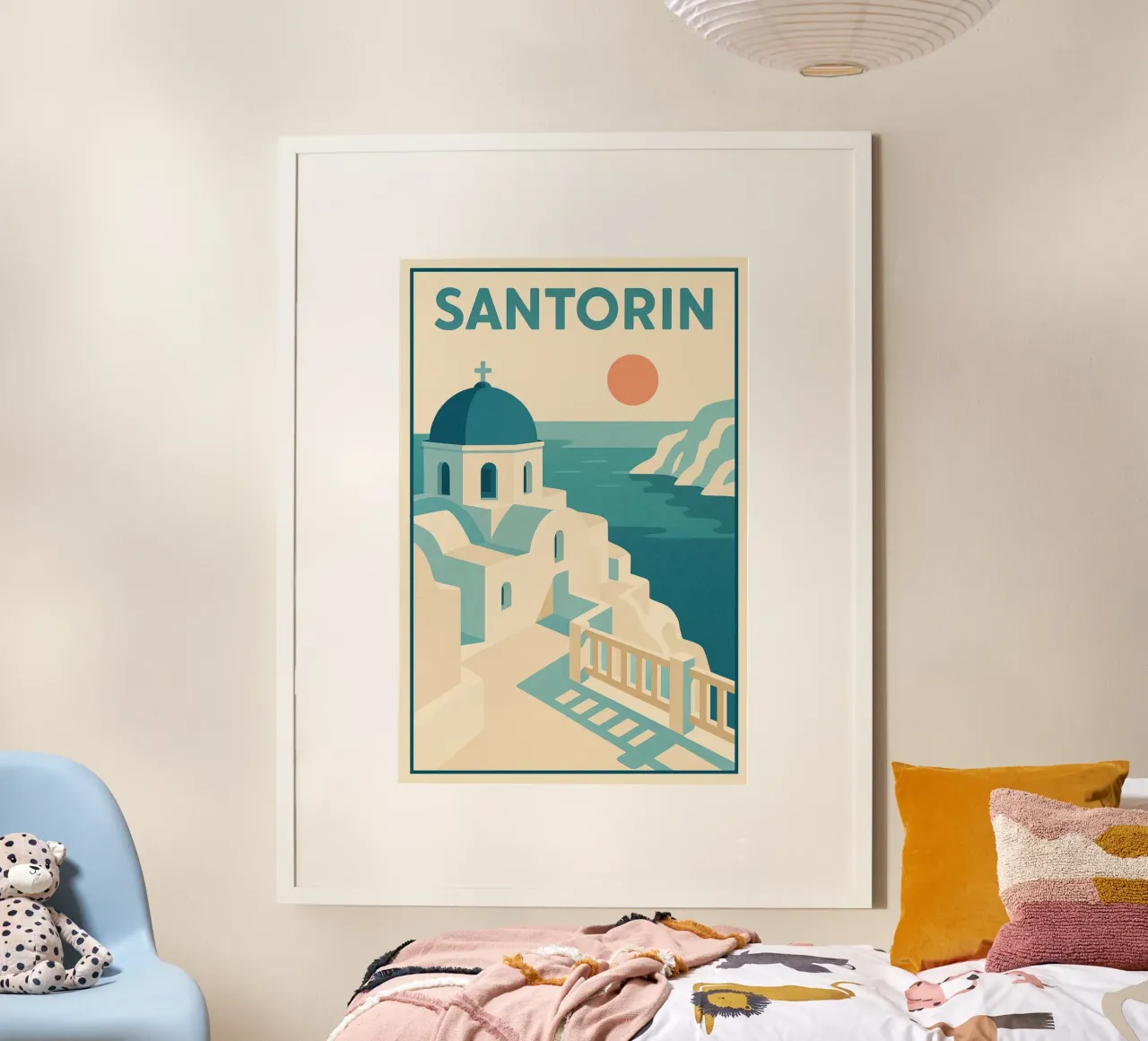 Poster d'epoca di Santorini - Fuga al tramonto poster con telaio in alluminio da JETLAG | affiches voyage