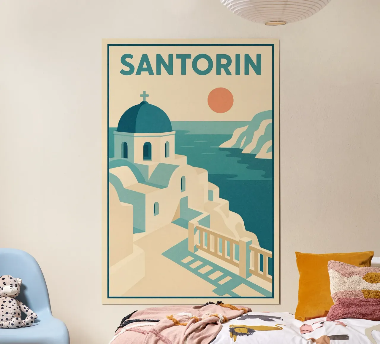 Poster d'epoca di Santorini - Fuga al tramonto poster con telaio in alluminio da JETLAG | affiches voyage