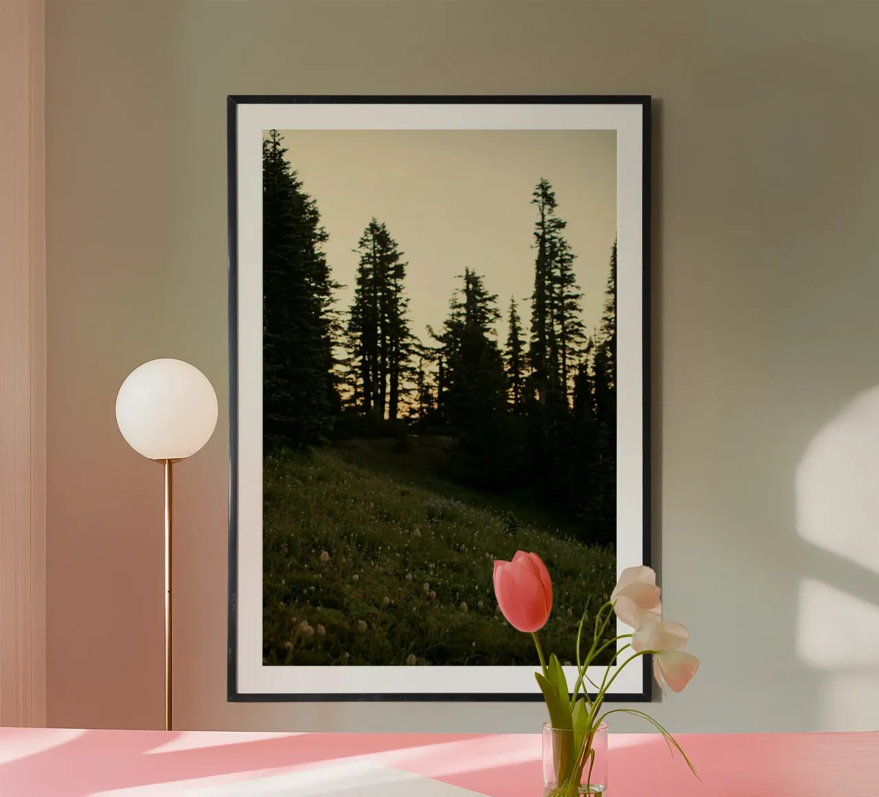 una foresta di pini poster con telaio in plastica da Earthly Visions