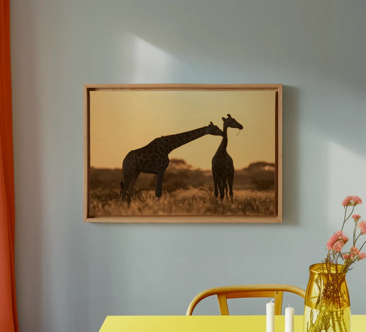 A giraffe standing on the meadow in the afternoon canvas with Floater frame by Earthly Visions