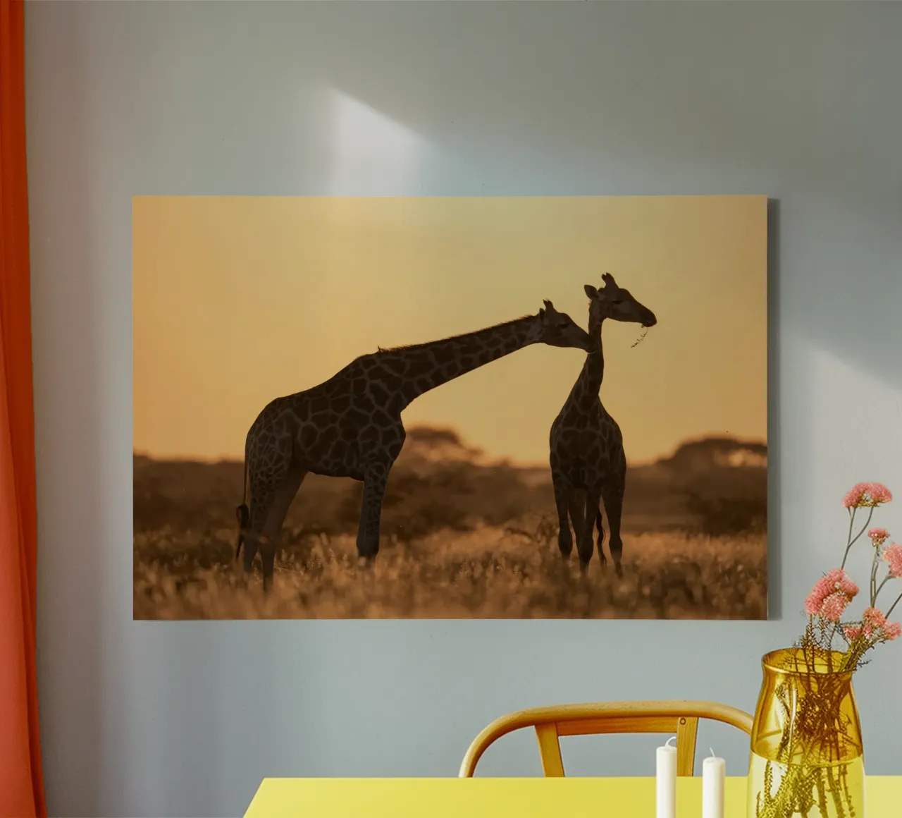 A giraffe standing on the meadow in the afternoon canvas with Floater frame by Earthly Visions