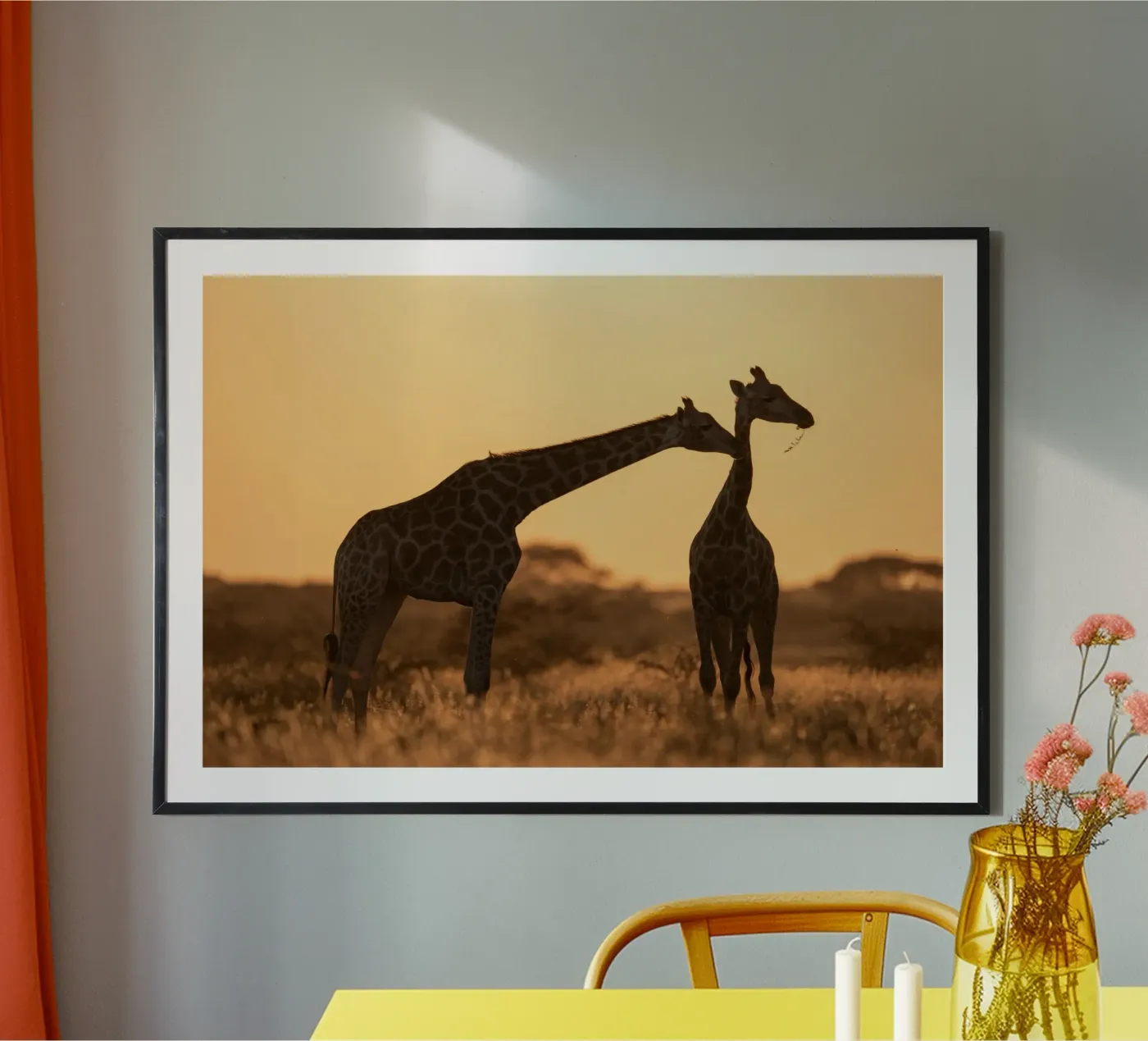 A giraffe standing on the meadow in the afternoon poster de Earthly Visions
