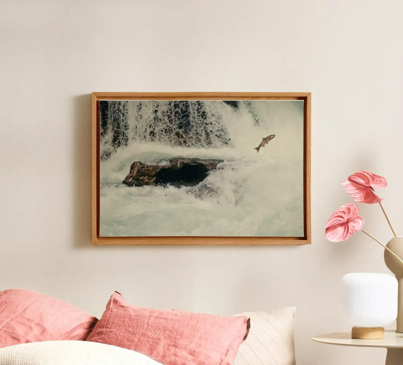 Fish leaping upstream canvas with Floater frame by Earthly Visions