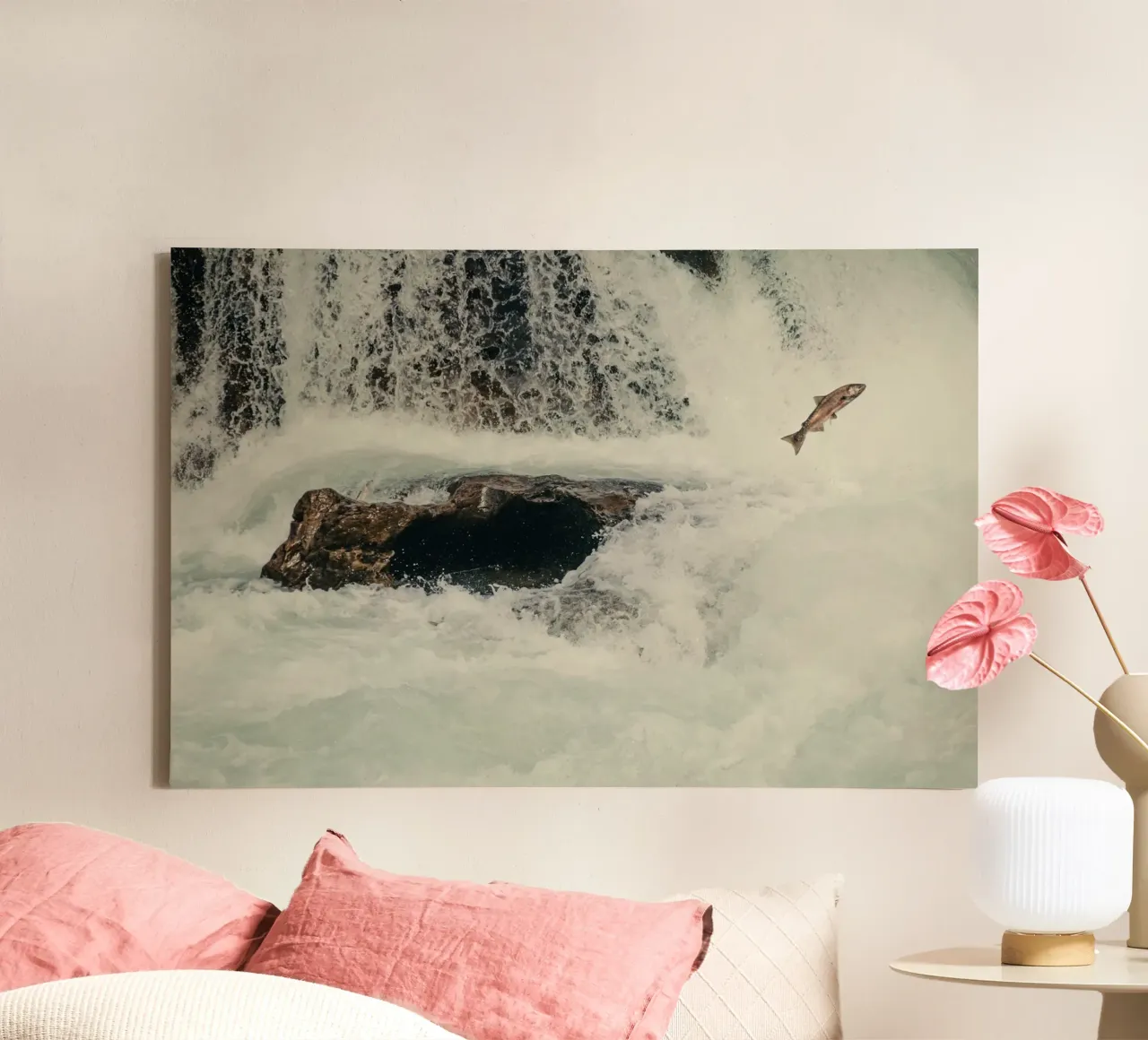 Fish leaping upstream canvas with Floater frame by Earthly Visions