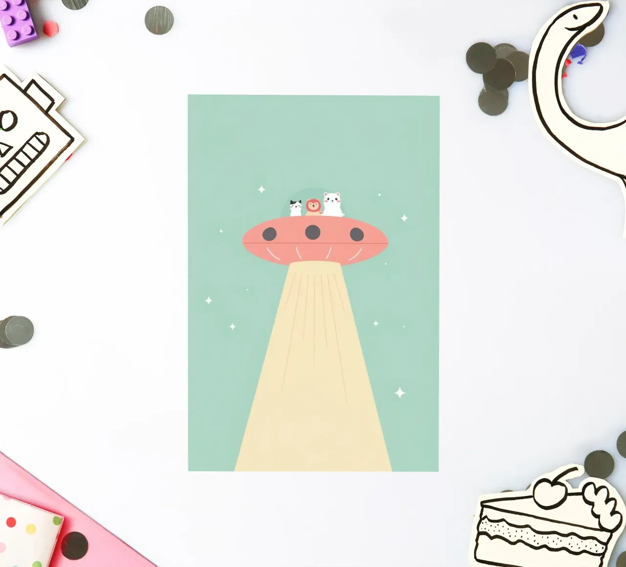 Animali da vivaio che cavalcano UFO adesivo da DesignDoodle