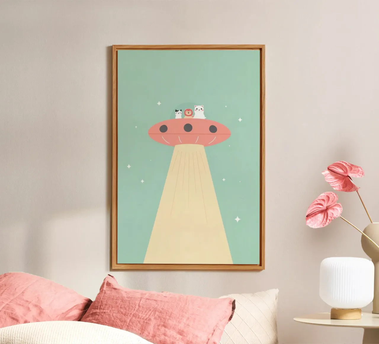 Animali da vivaio che cavalcano UFO pannello forex da DesignDoodle