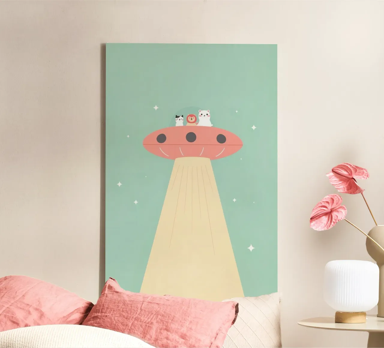 Animali da vivaio che cavalcano UFO tela con Cornice a cassetta da DesignDoodle
