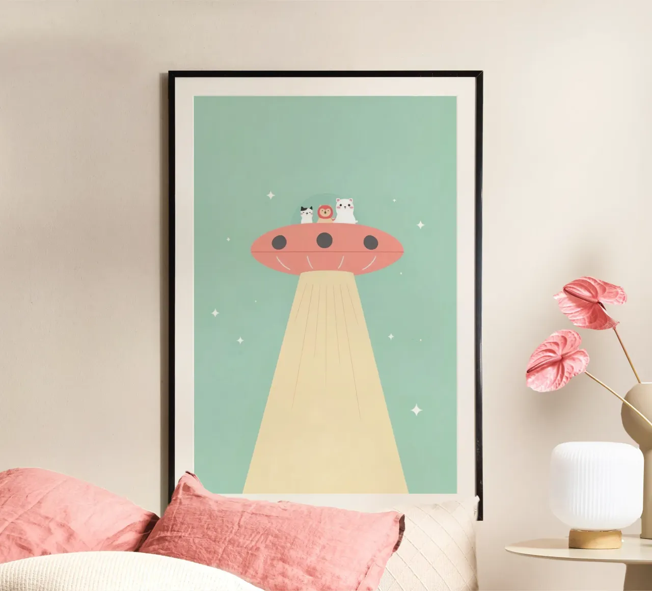 Animali da vivaio che cavalcano UFO poster da DesignDoodle