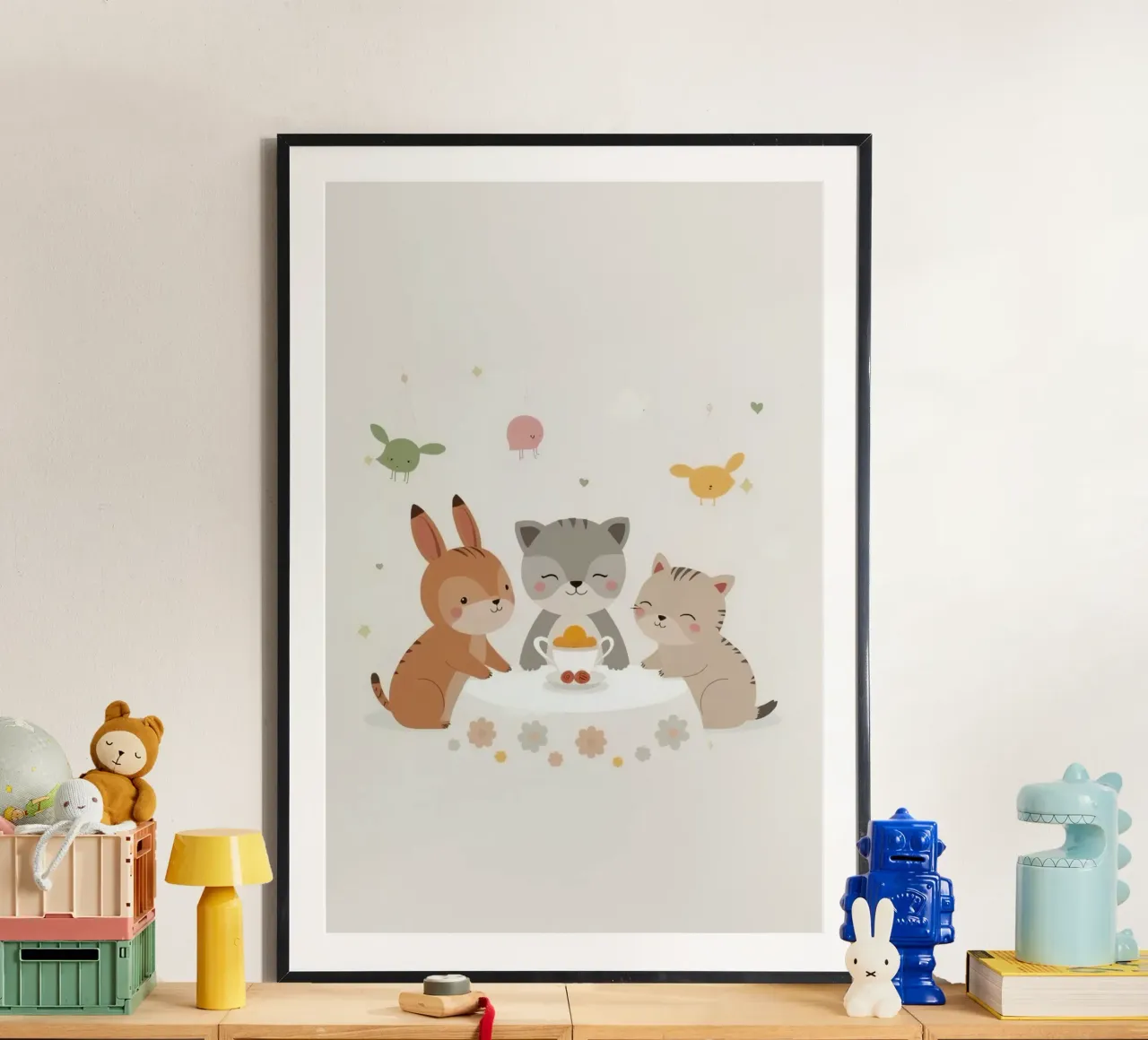 Animali dei cartoni animati a tavola con tazza da tè e decorazioni appese poster da DesignDoodle