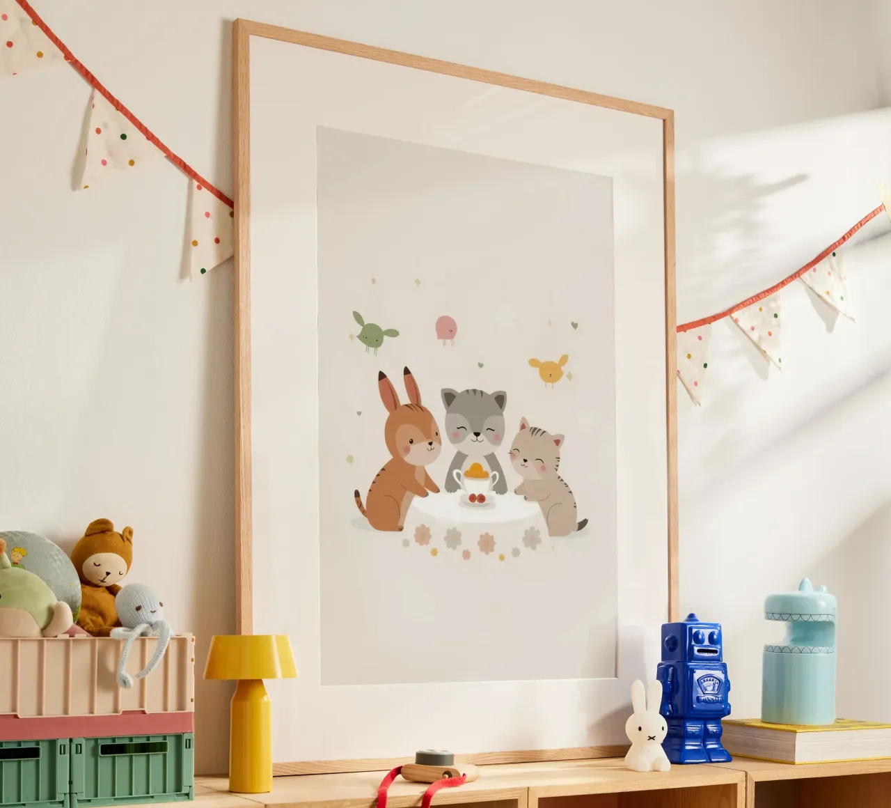 Animali dei cartoni animati a tavola con tazza da tè e decorazioni appese poster da DesignDoodle