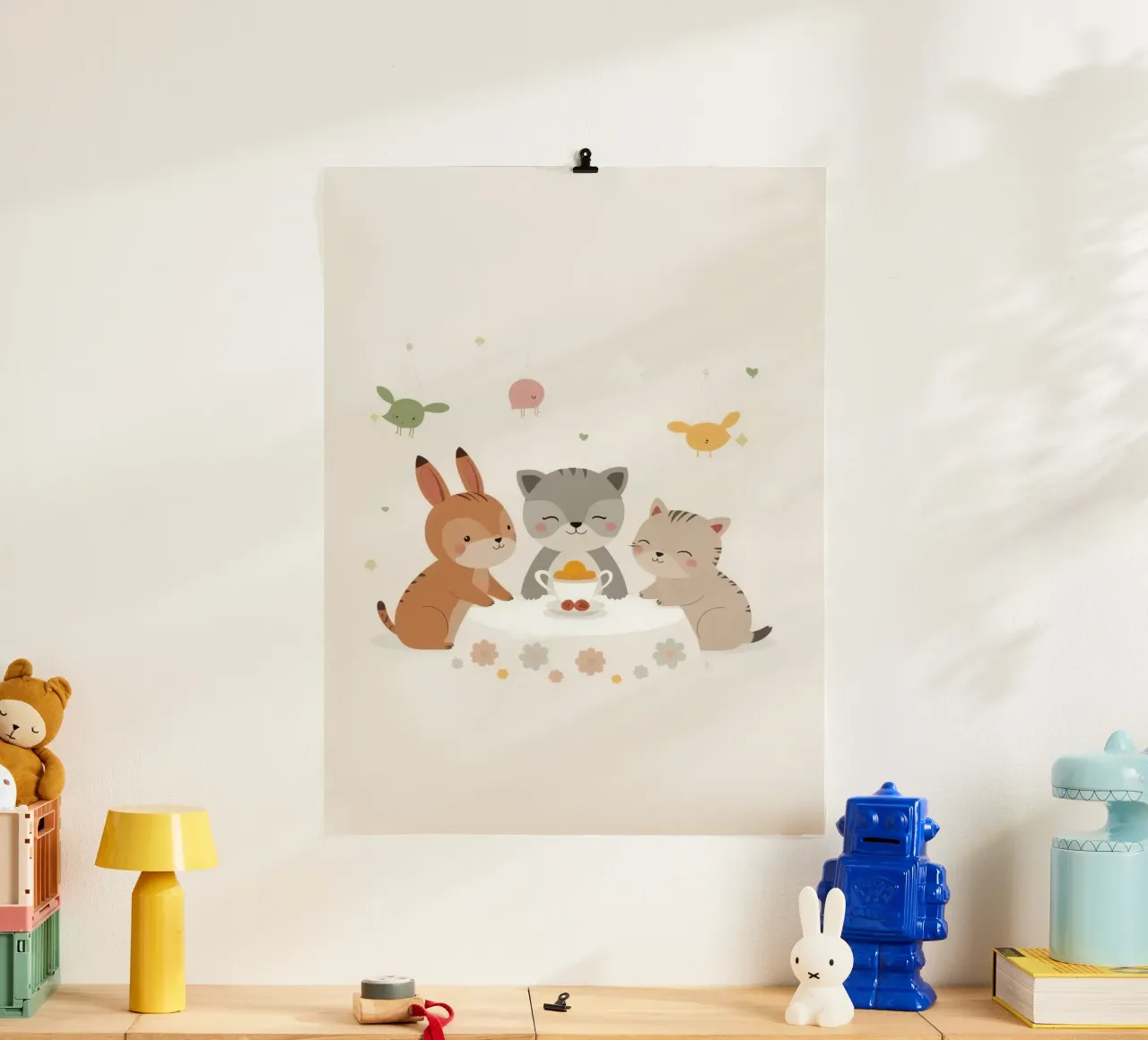 Animali dei cartoni animati a tavola con tazza da tè e decorazioni appese poster da DesignDoodle