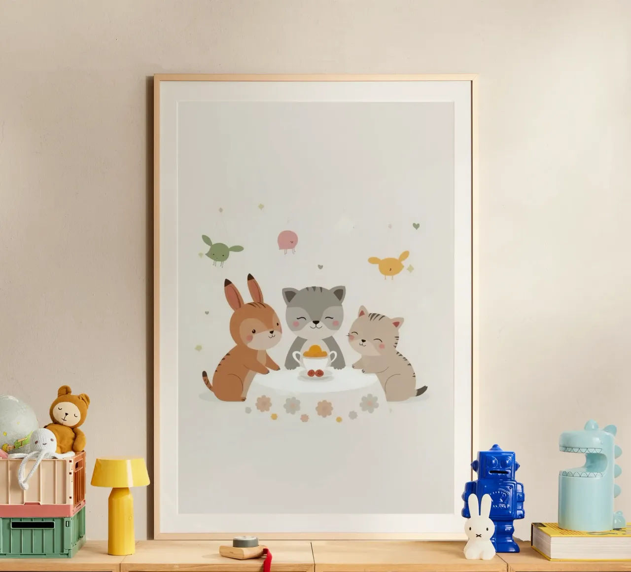 Animali dei cartoni animati a tavola con tazza da tè e decorazioni appese poster da DesignDoodle
