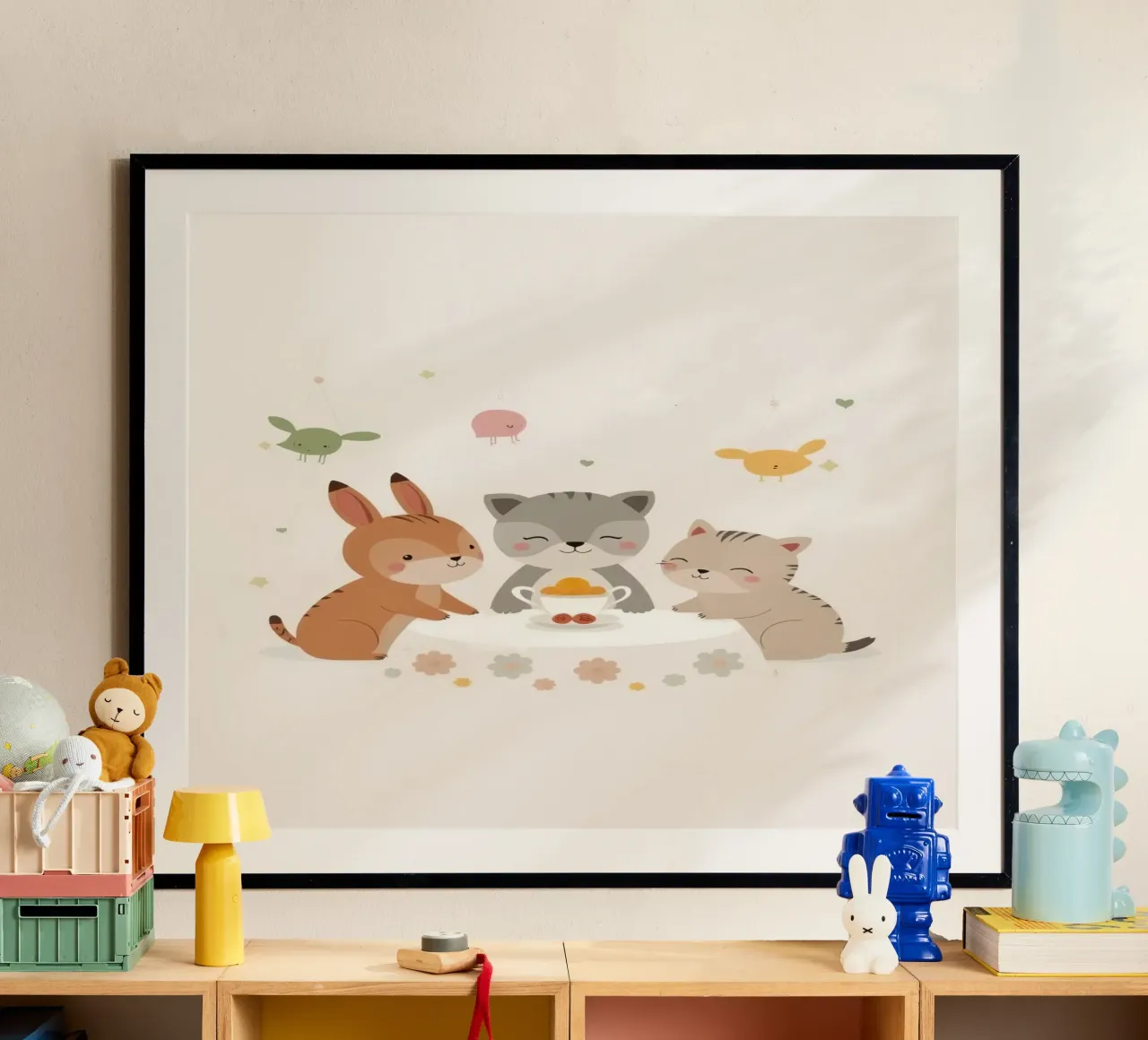 Animali dei cartoni animati a tavola con tazza da tè e decorazioni appese poster da DesignDoodle