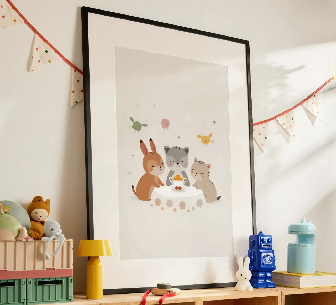 Animali dei cartoni animati a tavola con tazza da tè e decorazioni appese poster da DesignDoodle
