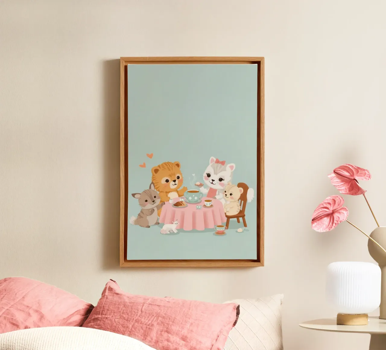 Nursery Cartoon Animals at Tea Party Table canvas with Floater frame by DesignDoodle