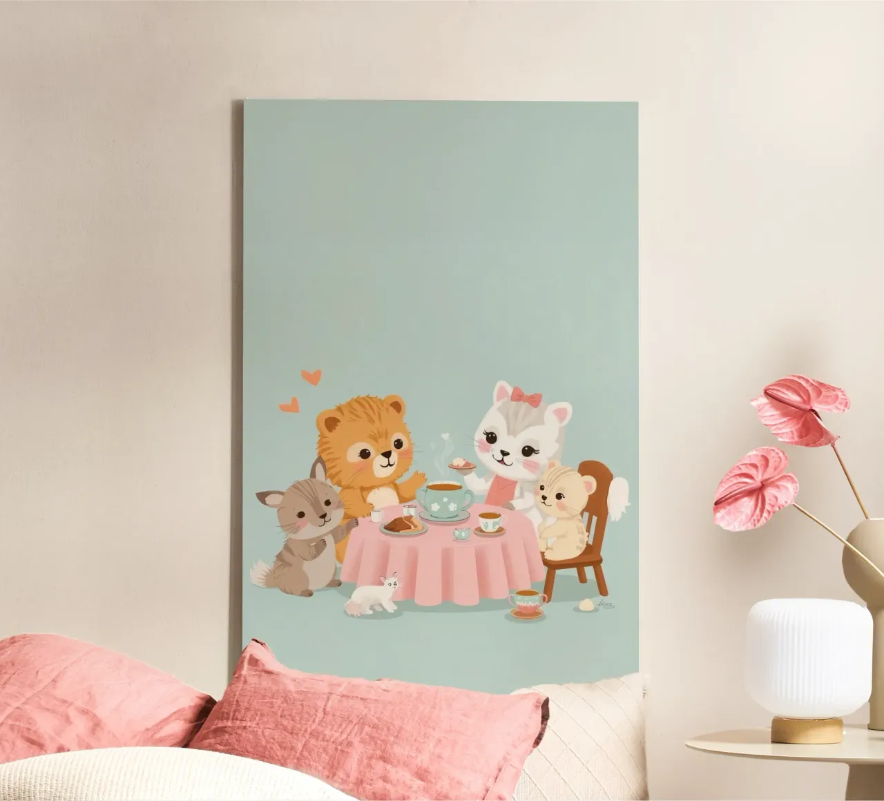 Nursery Cartoon Animals at Tea Party Table canvas with Floater frame by DesignDoodle