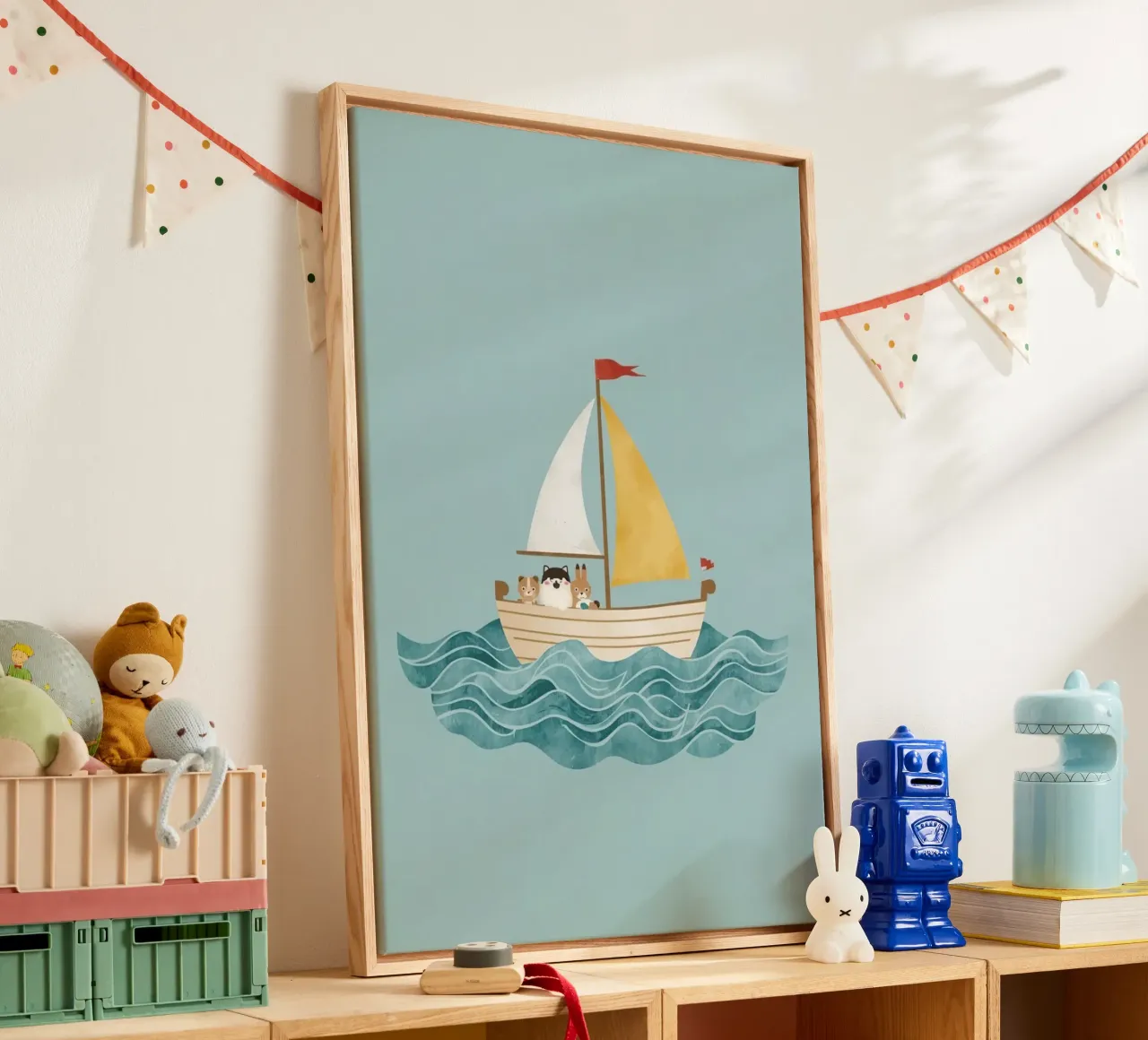 Cute Nursery Cartoon Animals in Sailboat on Waves (Animali animati in barca a vela) tela con Cornice a cassetta da DesignDoodle