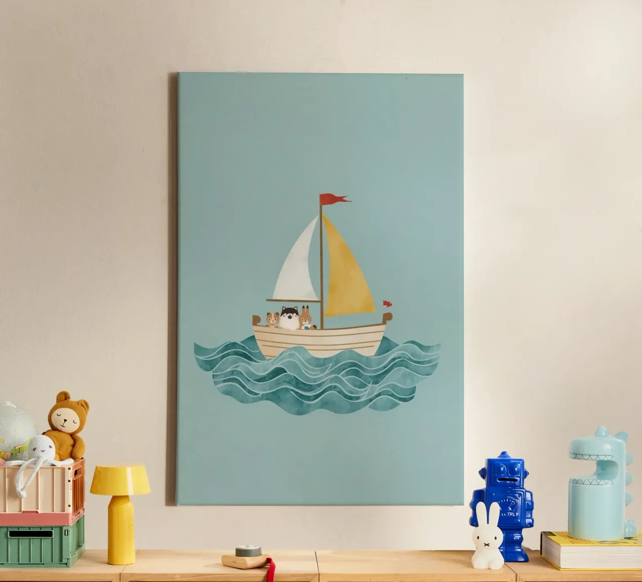 Cute Nursery Cartoon Animals in Sailboat on Waves (Animali animati in barca a vela) tela con Cornice a cassetta da DesignDoodle