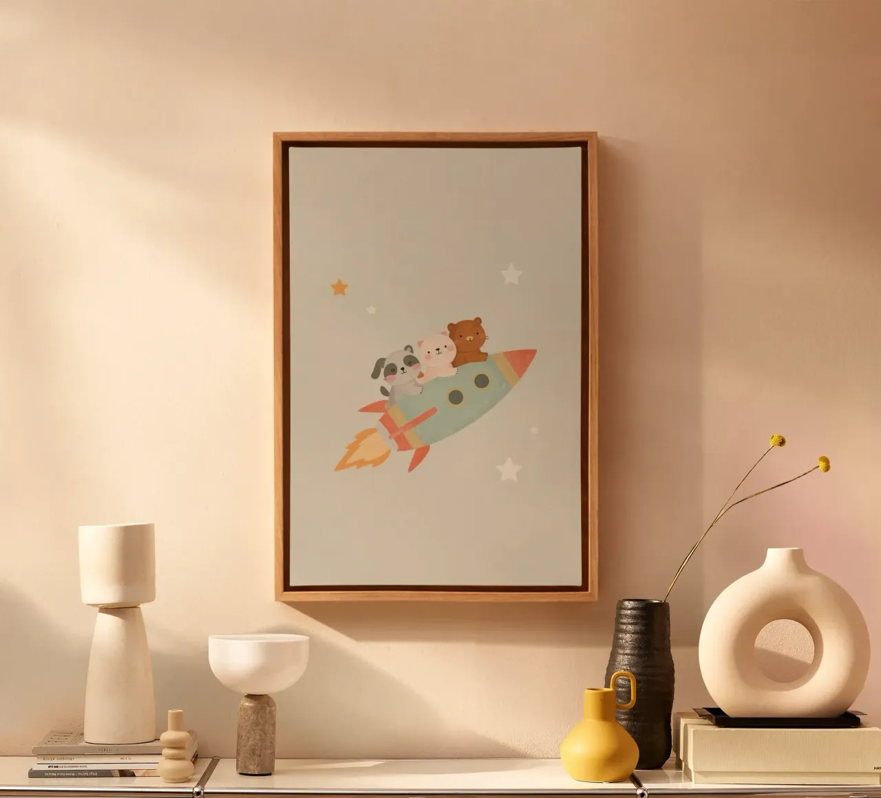 Vivaio Animali carini dei cartoni animati in un razzo tela con Cornice a cassetta da DesignDoodle